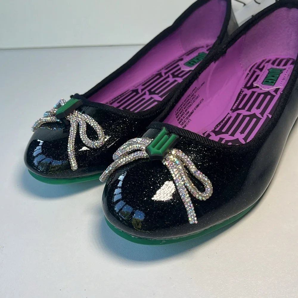 NEW 💜🖤💚Wicked Black + Purple Ballet Flats Girls Size 2 with faux diamond bow